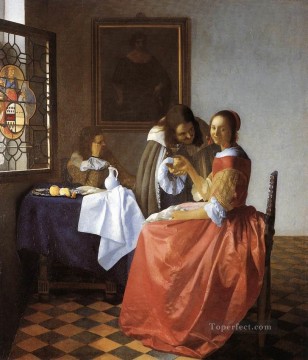 バロック Painting - 貴婦人と二人の紳士 バロック ヨハネス・フェルメール